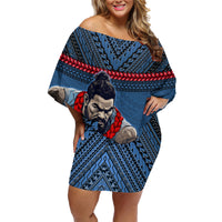 Custom Toa Samoa Rugby Family Matching Off Shoulder Short Dress and Hawaiian Shirt Samoan Warrior Ula Fala Tribal Pattern LT03 Mom's Dress Blue - Polynesian Pride