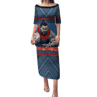 Custom Toa Samoa Rugby Family Matching Puletasi and Hawaiian Shirt Samoan Warrior Ula Fala Tribal Pattern LT03 Mom's Dress Blue - Polynesian Pride