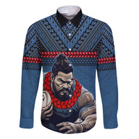 Custom Toa Samoa Rugby Family Matching Short Sleeve Bodycon Dress and Hawaiian Shirt Samoan Warrior Ula Fala Tribal Pattern LT03 Dad's Shirt - Long Sleeve Blue - Polynesian Pride