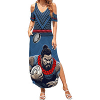 Custom Toa Samoa Rugby Family Matching Summer Maxi Dress and Hawaiian Shirt Samoan Warrior Ula Fala Tribal Pattern LT03 Mom's Dress Blue - Polynesian Pride