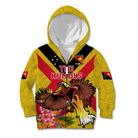 Custom Papua New Guinea Rugby Kid Hoodie Bird of Paradise and Hibiscus Polynesian Pattern Yellow Color LT03 Zip Hoodie Yellow - Polynesian Pride