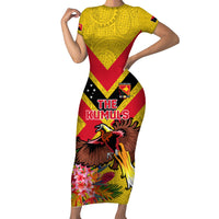 Custom Papua New Guinea Rugby Short Sleeve Bodycon Dress Bird of Paradise and Hibiscus Polynesian Pattern Yellow Color LT03 Long Dress Yellow - Polynesian Pride