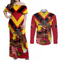 Custom Papua New Guinea Rugby Couples Matching Off Shoulder Maxi Dress and Long Sleeve Button Shirt Bird of Paradise and Hibiscus Polynesian Pattern Red Color LT03 Red - Polynesian Pride