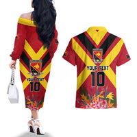 Custom Papua New Guinea Rugby Couples Matching Off The Shoulder Long Sleeve Dress and Hawaiian Shirt Bird of Paradise and Hibiscus Polynesian Pattern Red Color LT03 - Polynesian Pride