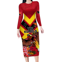 Custom Papua New Guinea Rugby Family Matching Long Sleeve Bodycon Dress and Hawaiian Shirt Bird of Paradise and Hibiscus Polynesian Pattern Red Color LT03 Mom's Dress Red - Polynesian Pride