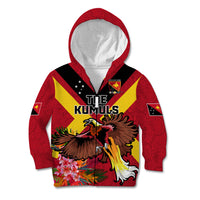 Custom Papua New Guinea Rugby Kid Hoodie Bird of Paradise and Hibiscus Polynesian Pattern Red Color LT03 Zip Hoodie Red - Polynesian Pride