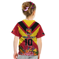 Custom Papua New Guinea Rugby Kid T Shirt Bird of Paradise and Hibiscus Polynesian Pattern Red Color LT03 - Polynesian Pride