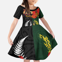 New Zealand and Australia ANZAC Day Family Matching Long Sleeve Bodycon Dress and Hawaiian Shirt Lest We Forget Indigenous and Maori Pattern LT03 Daughter's Dress Multicolor - Polynesian Pride