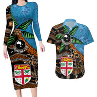Fiji and Australia Couples Matching Long Sleeve Bodycon Dress and Hawaiian Shirt Fijian and Aboriginal mix Culture LT03 Blue - Polynesian Pride