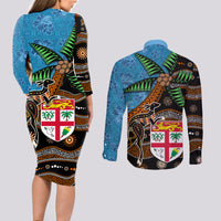 Fiji and Australia Couples Matching Long Sleeve Bodycon Dress and Long Sleeve Button Shirt Fijian and Aboriginal mix Culture LT03 - Polynesian Pride