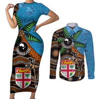 Fiji and Australia Couples Matching Short Sleeve Bodycon Dress and Long Sleeve Button Shirt Fijian and Aboriginal mix Culture LT03 Blue - Polynesian Pride