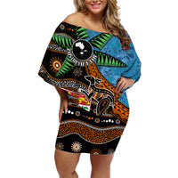 Fiji and Australia Family Matching Off Shoulder Short Dress and Hawaiian Shirt Fijian and Aboriginal mix Culture LT03 Mom's Dress Blue - Polynesian Pride