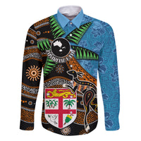 Fiji and Australia Family Matching Summer Maxi Dress and Hawaiian Shirt Fijian and Aboriginal mix Culture LT03 Dad's Shirt - Long Sleeve Blue - Polynesian Pride