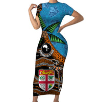 Fiji and Australia Short Sleeve Bodycon Dress Fijian and Aboriginal mix Culture LT03 Long Dress Blue - Polynesian Pride