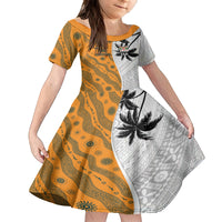 Custom Fiji and Australia Rugby Family Matching Off Shoulder Short Dress and Hawaiian Shirt Tapa Mix Aboriginal Pattern Half Style LT03 Daughter's Dress White - Polynesian Pride