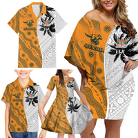 Custom Fiji and Australia Rugby Family Matching Off Shoulder Short Dress and Hawaiian Shirt Tapa Mix Aboriginal Pattern Half Style LT03 - Polynesian Pride