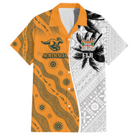Custom Fiji and Australia Rugby Family Matching Off Shoulder Short Dress and Hawaiian Shirt Tapa Mix Aboriginal Pattern Half Style LT03 Dad's Shirt - Short Sleeve White - Polynesian Pride