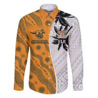 Custom Fiji and Australia Rugby Family Matching Puletasi and Hawaiian Shirt Tapa Mix Aboriginal Pattern Half Style LT03 Dad's Shirt - Long Sleeve White - Polynesian Pride