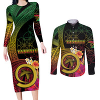 Vanuatu Independence Day Couples Matching Long Sleeve Bodycon Dress and Long Sleeve Button Shirt Sand Drawing Melanesian Vibes LT03 Black - Polynesian Pride