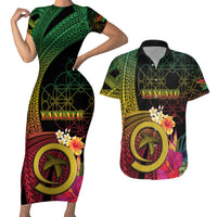 Vanuatu Independence Day Couples Matching Short Sleeve Bodycon Dress and Hawaiian Shirt Sand Drawing Melanesian Vibes LT03 Black - Polynesian Pride
