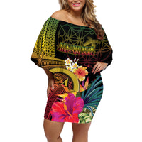 Vanuatu Selebretem 44th Indipendens Dei Family Matching Off Shoulder Short Dress and Hawaiian Shirt Sand Drawing Melanesian Vibes LT03 Mom's Dress Black - Polynesian Pride