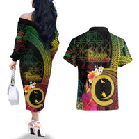 Vanuatu Shefa Day Couples Matching Off The Shoulder Long Sleeve Dress and Hawaiian Shirt Sand Drawing Melanesian LT03 - Polynesian Pride
