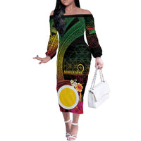 Vanuatu Shefa Day Family Matching Off The Shoulder Long Sleeve Dress and Hawaiian Shirt Sand Drawing Melanesian LT03 Mom's Dress Black - Polynesian Pride