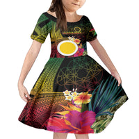 Vanuatu Shefa Day Family Matching Off Shoulder Short Dress and Hawaiian Shirt Sand Drawing Melanesian LT03 Daughter's Dress Black - Polynesian Pride