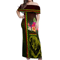 Hawaiian Reggae Music Off Shoulder Maxi Dress Jamaica Singer Tribal Polynesian and Hibiscus LT03 Women Black - Polynesian Pride