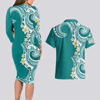Aloha Polynesian Plumeria Flower Couples Matching Long Sleeve Bodycon Dress and Hawaiian Shirt Teal Color