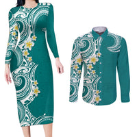 Aloha Polynesian Plumeria Flower Couples Matching Long Sleeve Bodycon Dress and Long Sleeve Button Shirt Teal Color LT03 Teal - Polynesian Pride
