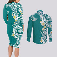 Aloha Polynesian Plumeria Flower Couples Matching Long Sleeve Bodycon Dress and Long Sleeve Button Shirt Teal Color LT03 - Polynesian Pride