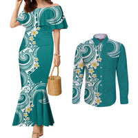 Aloha Polynesian Plumeria Flower Couples Matching Mermaid Dress and Long Sleeve Button Shirt Teal Color LT03 Teal - Polynesian Pride