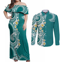 Aloha Polynesian Plumeria Flower Couples Matching Off Shoulder Maxi Dress and Long Sleeve Button Shirt Teal Color LT03 Teal - Polynesian Pride