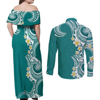 Aloha Polynesian Plumeria Flower Couples Matching Off Shoulder Maxi Dress and Long Sleeve Button Shirt Teal Color LT03 - Polynesian Pride