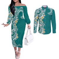 Aloha Polynesian Plumeria Flower Couples Matching Off The Shoulder Long Sleeve Dress and Long Sleeve Button Shirt Teal Color LT03 Teal - Polynesian Pride