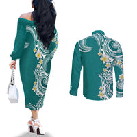 Aloha Polynesian Plumeria Flower Couples Matching Off The Shoulder Long Sleeve Dress and Long Sleeve Button Shirt Teal Color LT03 - Polynesian Pride