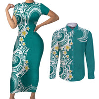 Aloha Polynesian Plumeria Flower Couples Matching Short Sleeve Bodycon Dress and Long Sleeve Button Shirt Teal Color LT03 Teal - Polynesian Pride