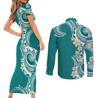 Aloha Polynesian Plumeria Flower Couples Matching Short Sleeve Bodycon Dress and Long Sleeve Button Shirt Teal Color LT03 - Polynesian Pride