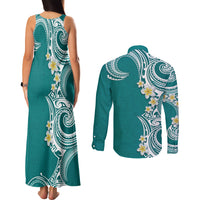 Aloha Polynesian Plumeria Flower Couples Matching Tank Maxi Dress and Long Sleeve Button Shirt Teal Color LT03 - Polynesian Pride