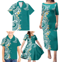 Aloha Polynesian Plumeria Flower Family Matching Puletasi and Hawaiian Shirt Teal Color LT03 - Polynesian Pride