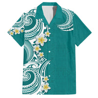 Aloha Polynesian Plumeria Flower Family Matching Tank Maxi Dress and Hawaiian Shirt Teal Color