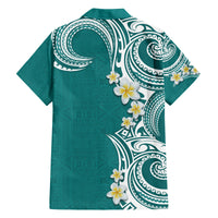 Aloha Polynesian Plumeria Flower Family Matching Tank Maxi Dress and Hawaiian Shirt Teal Color