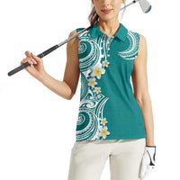 Aloha Polynesian Plumeria Flower Women Sleeveless Polo Shirt Teal Color LT03 - Polynesian Pride