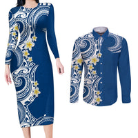 Aloha Polynesian Plumeria Flower Couples Matching Long Sleeve Bodycon Dress and Long Sleeve Button Shirt Blue Color LT03 Blue - Polynesian Pride