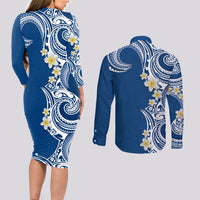 Aloha Polynesian Plumeria Flower Couples Matching Long Sleeve Bodycon Dress and Long Sleeve Button Shirt Blue Color LT03 - Polynesian Pride