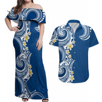 Aloha Polynesian Plumeria Flower Couples Matching Off Shoulder Maxi Dress and Hawaiian Shirt Blue Color LT03 Blue - Polynesian Pride