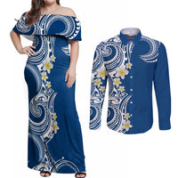 Aloha Polynesian Plumeria Flower Couples Matching Off Shoulder Maxi Dress and Long Sleeve Button Shirt Blue Color LT03 Blue - Polynesian Pride