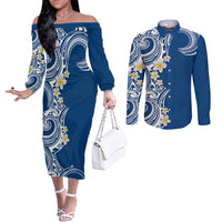 Aloha Polynesian Plumeria Flower Couples Matching Off The Shoulder Long Sleeve Dress and Long Sleeve Button Shirt Blue Color LT03 Blue - Polynesian Pride