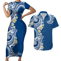 Aloha Polynesian Plumeria Flower Couples Matching Short Sleeve Bodycon Dress and Hawaiian Shirt Blue Color LT03 Blue - Polynesian Pride